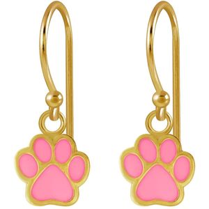 Joy|S - Zilveren kat hond dierenpoot oorbellen - roze - oorhangers - 14k goudplating