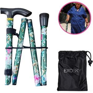 EXOKSY Wandelstok bloemen print - Verstelbaar en Opvouwbaar - Groen - Incl. Opbergtas - Hiking - Nordic - Loopstok Ouderen