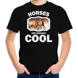 Dieren paarden t-shirt zwart kinderen - horses are serious cool shirt  jongens/ meisjes - cadeau shirt bruin paard/ paarden liefhebber - kinderkleding / kleding 110/116