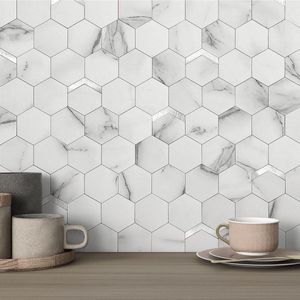 Zeshoek marmeren zelfklevende backsplash tegels - honingraat wandtegels stickers badkamer - metalen mozaïek tegels - waterdicht (wit zilver 10 vellen) Zelfklevende tegels