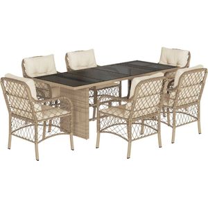 The Living Store 7-delige Tuinset met kussens poly rattan beige - Tuinset - Buis Meubel - Lounge Set - Eetkamerset - Outdoor Furniture