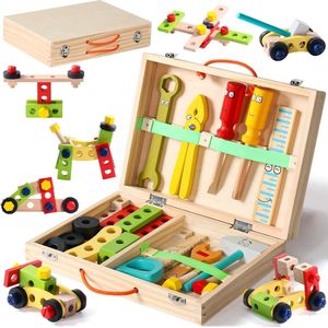 Gereedschapskoffer voor kinderen - Vanaf 3 tot 6 jaar - Educatief houten speelgoed - 34 stuks - Kinderspeelgoed - Ontwikkeling kleuters - Werkbank, reparatie, onderhoud