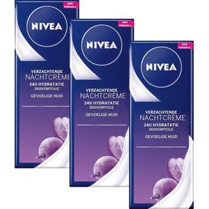 NIVEA Verzachtende Nachtcrème - Gevoelige huid - Ongeparfumeerd en PH-neutraal - Met Zoethoutextract en Druivenpitolie - 3 x 50 ml