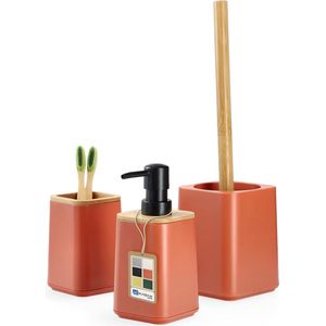 Badkamerset, zeepdispenser, tandenborstelbeker en wc-borstel in 6 kleurvarianten, modern badkameraccessoire met natuurlijke bamboe, badkameruitrusting (roze)