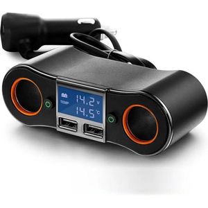 Orbit Electronic® Auto Sigarettenaansteker Splitter - 4 Aansluitingen - 12v Oplader / Autolader met Volt- en Temperatuurmeter – 2 USB Poorten - Sigarettenaansteker Verdeler – ZNB02 - Hub – Zwart