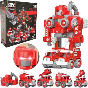 N´JOY Life - Robot speelgoed - Rood 5 in 1 - Robots - Politie - Brandweerauto - Bouwpakket - Speelfiguren sets - Bouwsets - Speelgoed auto - 3 4 5 6 7 8 9 10 jaar