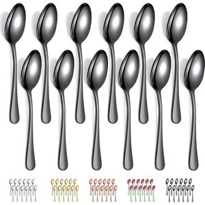 Set van 12 zwarte soeplepels, 12 stuks, 18,5 cm, roestvrij staal, titanium, zwart gecoat, besteklepel, dessertlepel, tafellepel, eetlepel, gemakkelijk te reinigen, vaatwasmachinebestendig