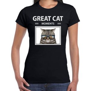 Dieren foto t-shirt grijze kat - zwart - dames - great cat moments - cadeau shirt katten liefhebber S