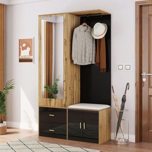 Elegante garderobe in zwart en houten kleur met spiegel, schoenkast, schoenbank met haak en trekkleding.