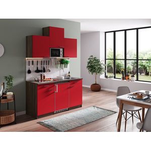 Goedkope keuken 150  cm - complete kleine keuken met apparatuur Oliver - Donker eiken/Rood - keramische kookplaat  - koelkast  - magnetron - mini keuken - compacte keuken - keukenblok met apparatuur