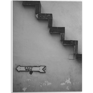 PVC Schuimplaat- Trap voor Witte Muur in het Zwart- wit met Bordje Exit - 30x40 cm Foto op PVC Schuimplaat