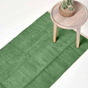 wasbaar chenille tapijt/loper 66 x 200 cm handgeweven van 100% katoen, groen/donker olijf