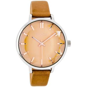 OOZOO Timepieces - Zilverkleurige horloge met bruine leren band - C7917