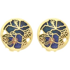 Behave Dames oorbel clip goud-kleur met blauwe emaille bloemen