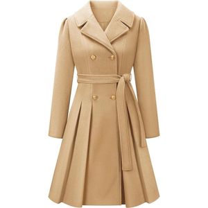 Damesmantel - Kaki - Elegante Wollen Winterjas - Lange Trenchcoat - Knielang