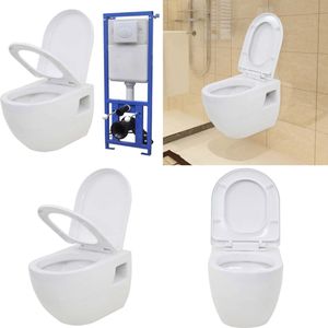 vidaXL Hangend toilet met verborgen stortbak keramiek wit - Toilet Met Verborgen Stortbak - Toiletten Met Verborgen Stortbakken - Hangend Toilet - Hangende Toiletten