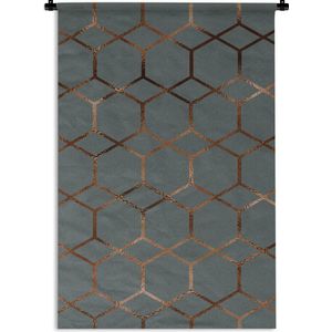 Wandkleed Luxe patroon - Luxe patroon van bronzen zeshoeken en ruiten op een donkerblauwe achtergrond Wandkleed katoen 120x180 cm - Wandtapijt met foto XXL / Groot formaat!