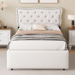 KOMHTOM Eenpersoonsbedden 90x200 cm Volwassenenbed gestoffeerd met decoratieve klinknagels dubbele laden Beige