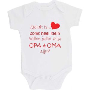 100% katoenen Romper Zwangerschap Aankondiging 2.0 ""Geluk is soms heel klein willen jullie mijn OPA & OMA zijn?"" Unisex Katoen Wit/rood Maat 62/68