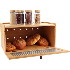 Houten bamboe broodtrommel bruin - 40 x 24 x 20 cm - stapelbaar - brooddoos met deksel - houdt brood en levensmiddelen vers - duurzaam
