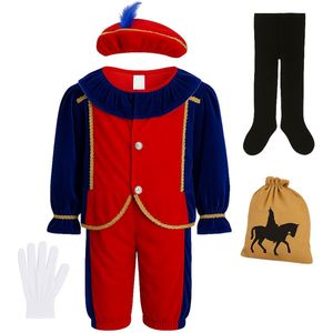 Kinder Pietenpak Compleet - Luxe Pietenkostuum Rood & Blauw - Maat 4-6 Jaar - Inclusief Handschoenen, Panty, Juten Zakje, Opbergzak & Cadeautje - Hulppiet Outfit