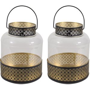 2x Lantaarns/windlichten zwart/goud Marokkaanse stijl 20 x 28 cm metaal en glas - Gebruik tuin/woonkamer - Thema Oosters/arabisch