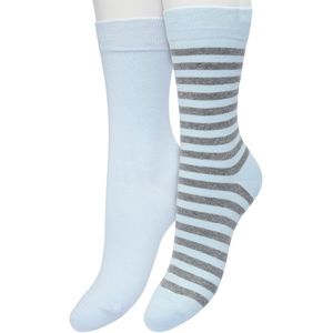 Bonnie Doon Sokken Set Gestreept en Effen voor Dames Lichtblauw/Wit maat 36/42 - Set met 2 paar Sokken - Strepen - Katoen Sok - Gladde Naden - Brede Boord - Perfecte Pasvorm - 2-pack - Multipack - Licht Blauw - Baby Blauw - Ballad Blue - OL041101.129
