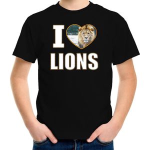 I love lions t-shirt met dieren foto van een leeuw zwart voor kinderen - cadeau shirt leeuwen liefhebber - kinderkleding / kleding 158/164