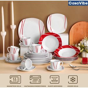 CasaVibe Luxe Bordenset - Serviesset - Kommen set - Borden - Dinerborden - Set van 60 - 12 persoons - Wit met Rode print