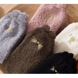Fluffy warme sokken dames - 3 paar - huissokken - roze - grijs -  bruin - print kat met oortjes - 36-40 - winter sokken - dikke sokken