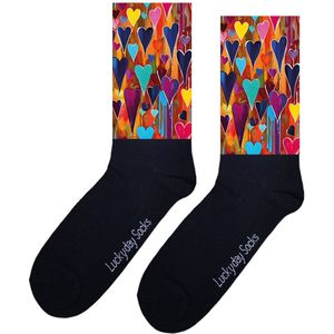 LuckyDay Socks - Hartjes sokken - Liefde - Kleurrijke sokken - Verjaardag cadeau vrouw en man - Vrolijke sokken - Valentijns cadeau - Kerst sokken - Grappige sokken - Leuke dames en heren sokken - Moederdag - Vaderdag - Socks maken Happy - Maat 37-44