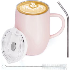 Belle Vous Roestvrij Staal Geïsoleerde Reismok met Handvat - 350 ml Dubbelwandig Herbruikbare Thermische Kop & Plastic Deksel - Vacuüm Lekvrije Tumbler voor Hete & Koude Drank, Waaronder Koffie/ Thee