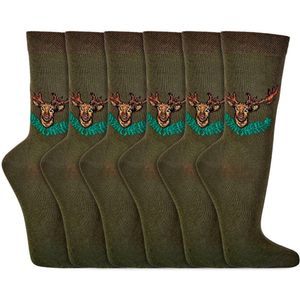 Heren sokken | Hert motief | Tailleband zonder elastiek | Kleur: Groen | Maat: 36-41 / 42-47 | 6 paar