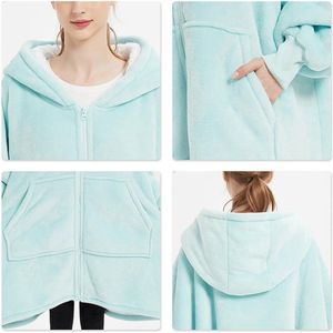 Oversized hoodie-deken met mouwen, pluche flanel fleece, oversized hoodie, sweatshirt, sherpa capuchontrui met ritssluiting, pluizig sweatshirt, deck voor dames heren, donkergrijs