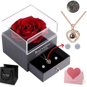 Blazelife - Eeuwige Bloem Rose + Sieraden Doos + Rose Goud Hartjes Ketting + Oorbel- Eeuwige Roos Cadeau voor Vrouw- Verjaardag Cadeau Vriendin - Romantisch Cadeau - Huwelijksaanzoek - Liefde -925 Silver
