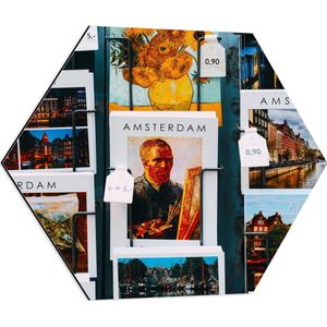 Dibond Hexagon - Amsterdamse Ansichtkaarten in het Rek - 60x52.2 cm Foto op Hexagon (Met Ophangsysteem)