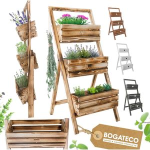 BOGATECO set van 3 bloempotten op standaard 110cm | Set van 3 bloempotten, plantenbakken 40x18cm | Houten bloempot voor tomaten en bloemen, plantenbak voor tuinbalkon