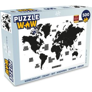 Puzzel Wereldkaart - Zwart - Wit - Kinderen - Jongen - Meisje - Legpuzzel - Puzzel 500 stukjes