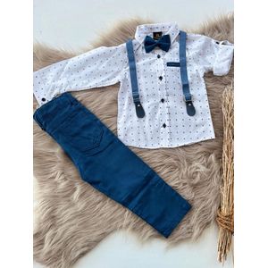 luxe vierdelige katoenen set-4 delig kinderpak- wit blauw geruit overhemd, verstelbare bretels en vlinderdas- kostuumbroek (beige), feestoutfit-bruiloft-fotoshoot-verjaardag-8 jaar