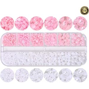 GUAPÀ® Rhinestones Roze en Wit | Parels en Kraaltjes | Nagel Decoratie | Strass Steentjes | Bruidsnagels | Nail Art Set | Nagelversiering | Nagel Diamantjes Pareltjes | Nail Art | 12 Delige Rhinestones Set Wit en Roze