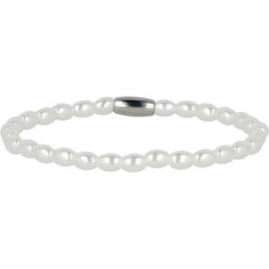 *My Bendel - Armband zilverkleurig met ovale witte parels - Zilverkleurige elastische armband met ovale witte parels - Met luxe cadeauverpakking