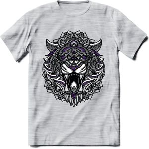 Tijger - Dieren Mandala T-Shirt | Paars | Grappig Verjaardag Zentangle Dierenkop Cadeau Shirt | Dames - Heren - Unisex | Wildlife Tshirt Kleding Kado | - Licht Grijs - Gemaleerd - XL