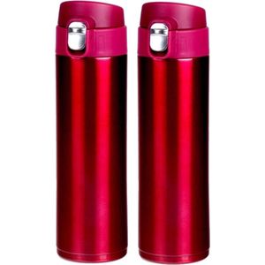 2x stuks RVS thermosflessen / isoleerflessen voor onderweg 450 ml fuchsia roze - Thermoflessen