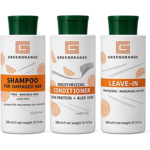 Haarverzorgingsset – Shampoo, Conditioner & Leave-In – Voor Beschadigd Haar & Na Keratinebehandeling – 3x300ml – Green Orange