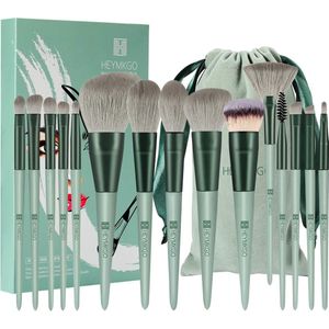 Make-upborstels HEYMKGO 15 stks Premium synthetische haren Groene kleur Conische handgreep Kabuki Foundation-borstel Gezicht Lip Oogmake-up sets Professioneel met draagbare flanellen tas met trekkoord