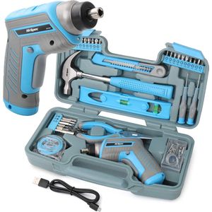 oCreon 35-Delige Gereedschapsset met Elektrische USB-Oplaadbare Schroevendraaier, Handgereedschap & 40-Delige Wandmontage Set in Blauw Koffer - Ideaal voor Kinderen en Huishoudelijke Reparaties