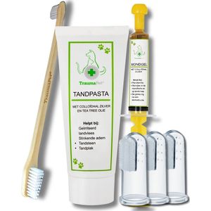 TraumaPet | Gebitsverzorging Set | Voor een gezonde bek van jouw huisdier | Tandpasta | Mondgel | Vingertandenborstel | Bamboo 2-zijdige Tandenborstel