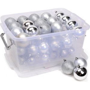 Kerstversiering opbergboxen - met 70 zilveren - kunststof kerstballen
