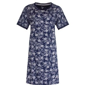 Tenderness Dames Nachthemd - Slaapkleed - Bloemenprint - 100% Katoen - Marine Blauw - Maat S