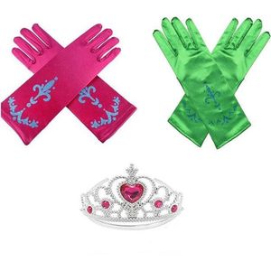 Voor bij je prinsessenjurk meisje - prinsessenspeelgoed meisje - Eprinsessenhandschoenen - speelgoed - 3-Pack - Kroon - Tiara - Groen - roze
